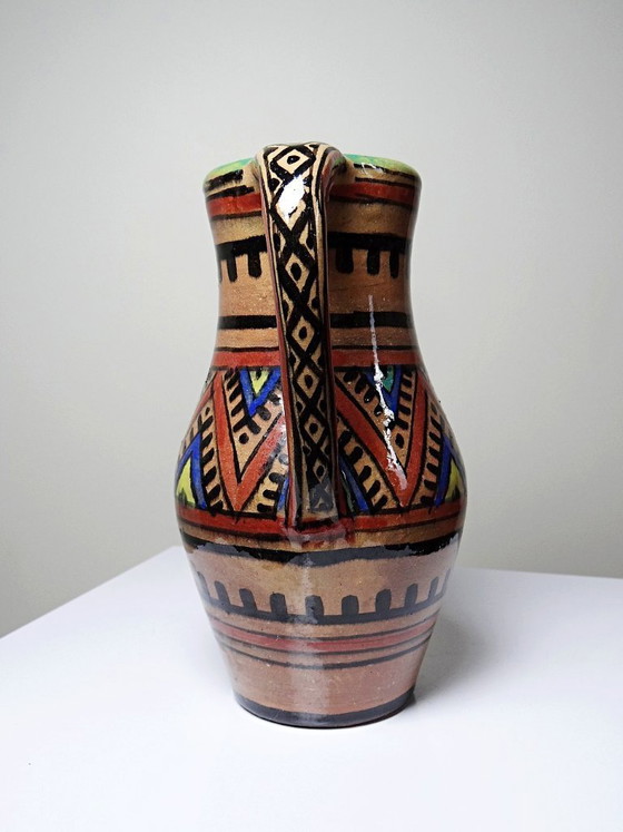 Image 1 of Small Moroccan glazed terracotta pitcher, signed, Berber decoration, 20th century