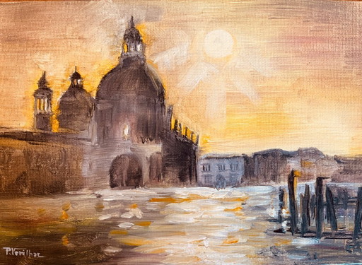 Signed oil painting on canvas, Venice landscape "Santa Maria" at sunset