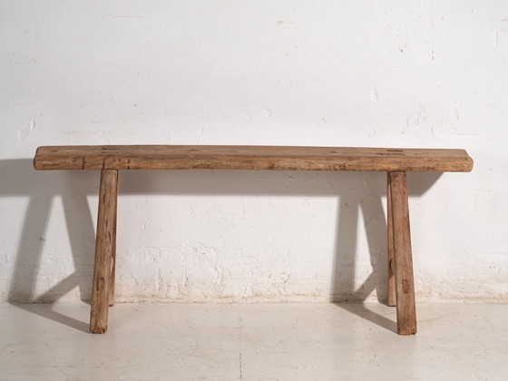 Antique Elm Wood Bench, China, circa 1900, Benches, Red, Rustic (photo 6 of 8)