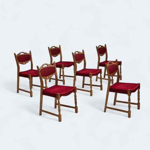 1970 Set van 6 Deense eetkamerstoelen, originele staat, eikenhout, meubelwol