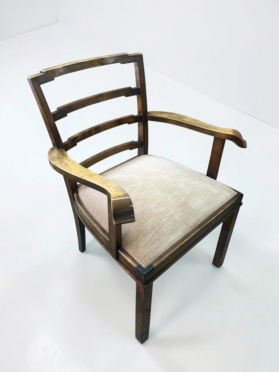 Mid Century Fauteuil Set, 2x Notenhouten Vintage Fauteuils Jaren 40 | Gestoffeerde Houten Stoelen B&F – Wood (photo 5 of 14)