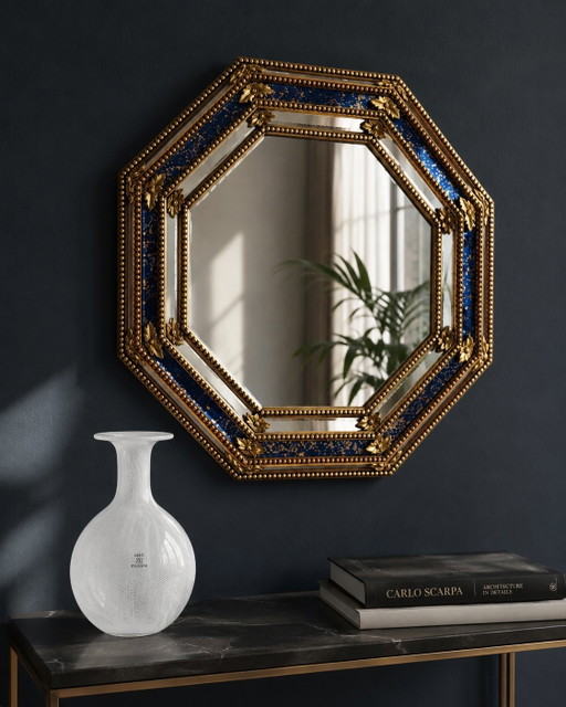 1960s Spanish Octagonal Mirror – Solid Wood & Cobalt Blue Glass (Hollywood Regency)