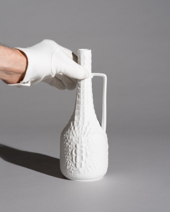 Image 1 of AK Kaiser Biscuit Porcelain Reptile Crocodile Vase Trio Manfred Frey Germany 70s