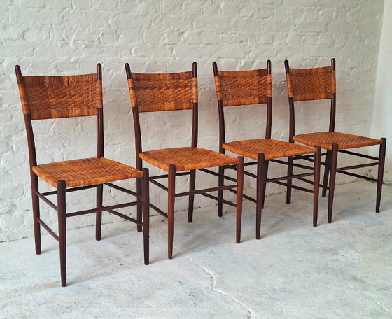Image 1 of Set of 4 Teak Dining Chairs with Patinated Cane Seats and Backs after Gio Ponti, Italy 1950s