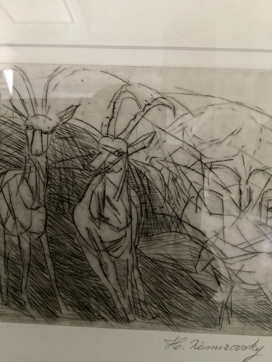 Original Etching Henri Nemirovsky - “ Les Gazelles “ Hand-Signed & Numbered 14/20 - Abstract Animals ( 34x28 ) (photo 5 of 8)