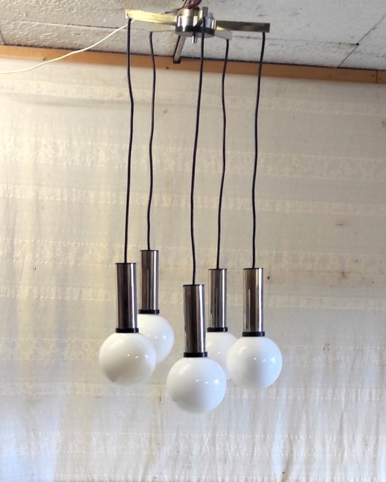 Image 1 of 5-Light Cascading Pendant Light in Chromed Metal and Opaline Glass Globe - 1960s/70s
