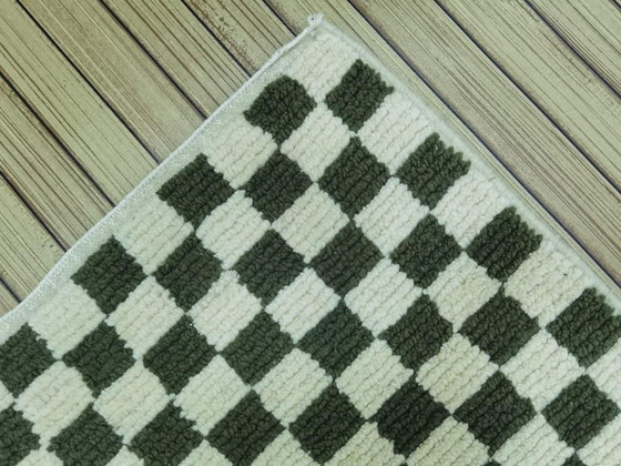 Image 1 of Handmade Moroccan wool rug: 300/70 cm abstract olive green checkered hallway runner