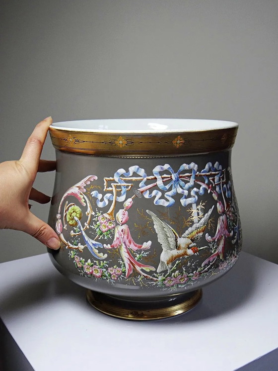 Grande Vasi per piante antico in porcellana smaltata, decoro rocailles con uccello, XIX secolo., Ancien (foto 3 di 14)