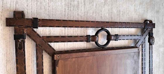 Image 1 of Iconic Large Mirror 1960's Design Jean-Pierre Ryckaert en Métal Façon Cuir Sellier à Surpiqures