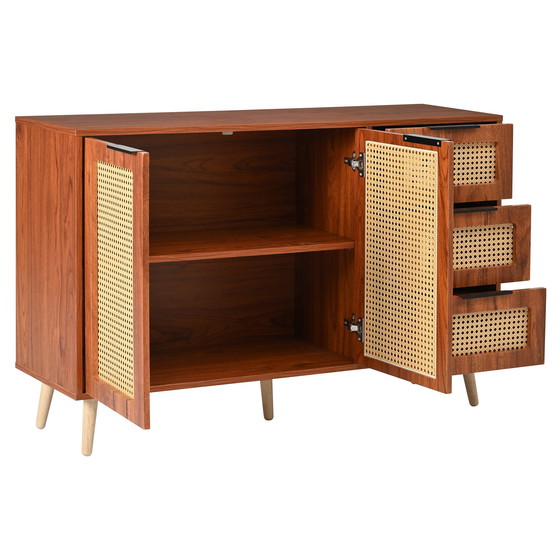 Image 1 of Urban Meuble vintage dressoir van rotan in walnoot houtlook met 2 deuren en 3 lades met zwarte handgrepen 120*38*78cm CRI