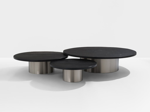 Set of three large slate tops coffee tables brushed steel 1970s