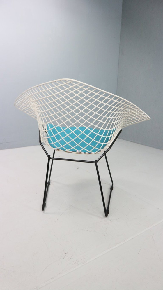 Image 1 of Silla Diamond de Harry Bertoia en metal blanco y negro y nuevo asiento azul años 60