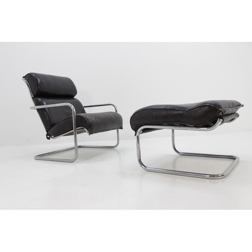 Ensemble vintage de fauteuil et pouf en cuir - années 1950