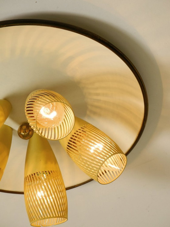 Image 1 of Very rare 5-arm mid-century modern metal bag ceiling lamp with round white reflector