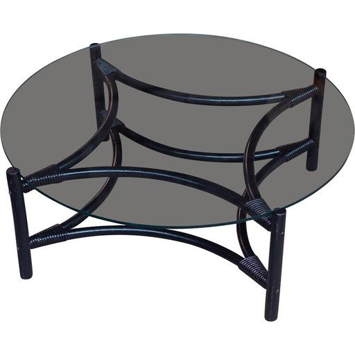 Tavolino da caffè rotondo vintage in rattan e vetro, 1960