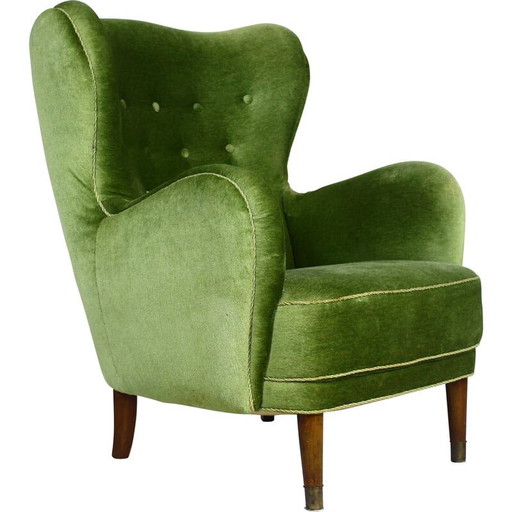 Fauteuil vintage danois en velours vert, années 1950