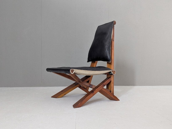 Image 1 of Sculptural Pine Lounge Chair with Table in the Style of Pierre Chapo, France, 1970s