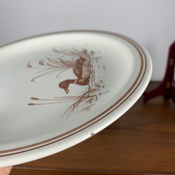Image 1 of Vintage Churchill England 6 Flat Plate Set – Duck Pattern & Red/Brown Trim, 1980/90