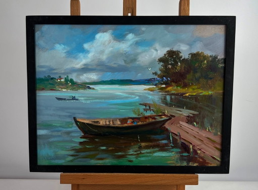 Original Oil Painting Summer Coastal Landscape On a long river journey