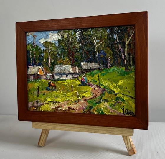 Image 1 of Original Oil Painting Summer Houses Landscape On the edge of the village