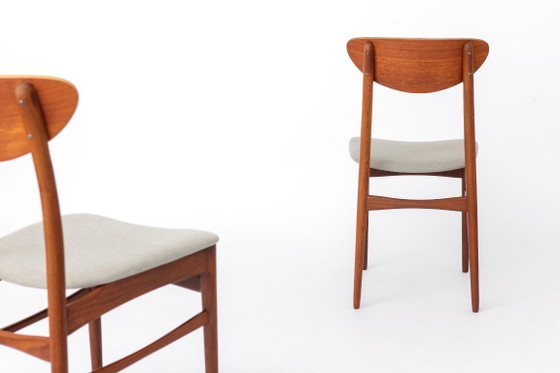 Image 1 of Vintage Danish Teak Dining Chairs, Set of 4, 1960s Scandinavian Mid Century Chairs, Newly Upholstered Light Grey Seats, Denmark
