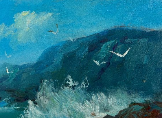 Image 1 of Origineel olieverfschilderij: Zee- en rotslandschap, zeegolven die tegen de rotsen slaan.
