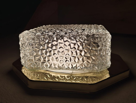Image 1 of Plafonnier design milieu du siècle – Verre dépoli et laiton – Années 1960/70