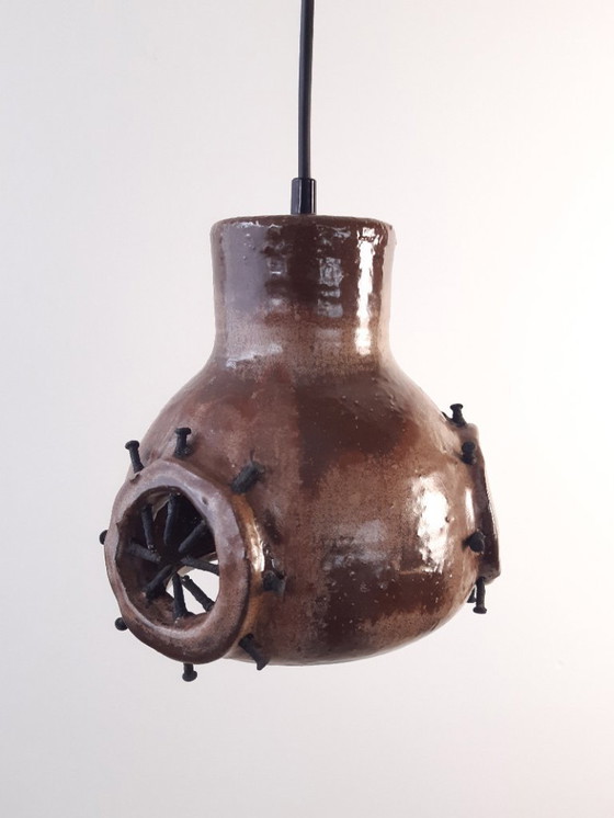Image 1 of Ceramic earthenware vintage brutalist pendant lamp in brown tones, West Germany fat lava style, wabi-sabi lamp