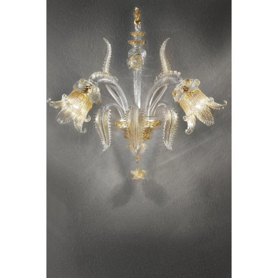 Image 1 of Luxury Italian Clear and Gold-Leaf Wall Sconce R with Flowers and Leaves Murano Glass