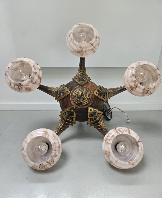 Art Deco Chandelier Hagenauer style 1920s/30s, Pendant lamps, Bronze, Glass, Pink (photo 6 of 13)