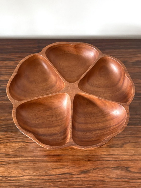 Image 1 of Vassoio da portata vintage in teak, con 5 scomparti e base girevole (Lazy Susan).