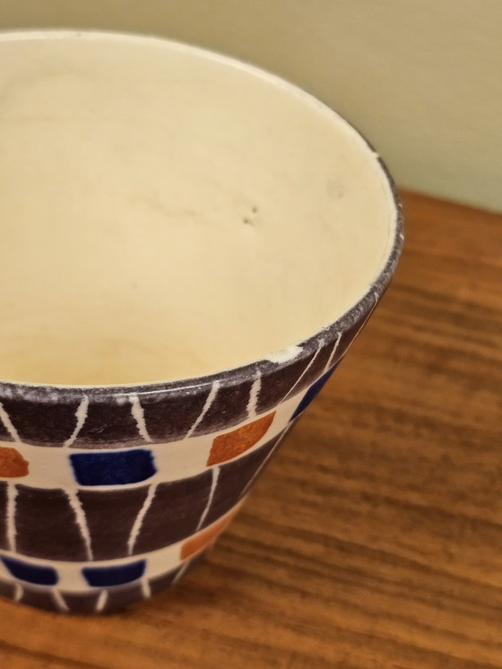 Image 1 of Pot de fleurs vintage à motif géométrique bleu orange