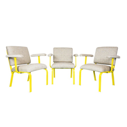 Set of 3 handcrafted chairs in yellow metal and gray fabric, 70s