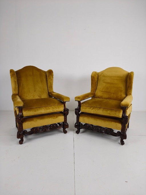 Pair of 19th-Century Carved Walnut Armchairs – Floral Motifs – Velvet Upholstery – fauteuils, Other