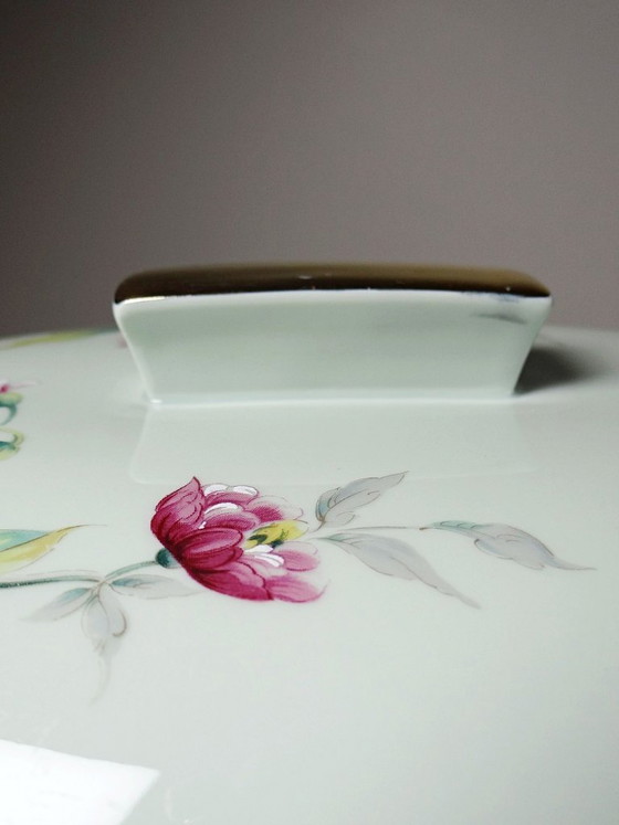Image 1 of Zuppiera vintage in porcellana celadon di Limoges, Francia, in stile Art Déco con decorazioni floreali.