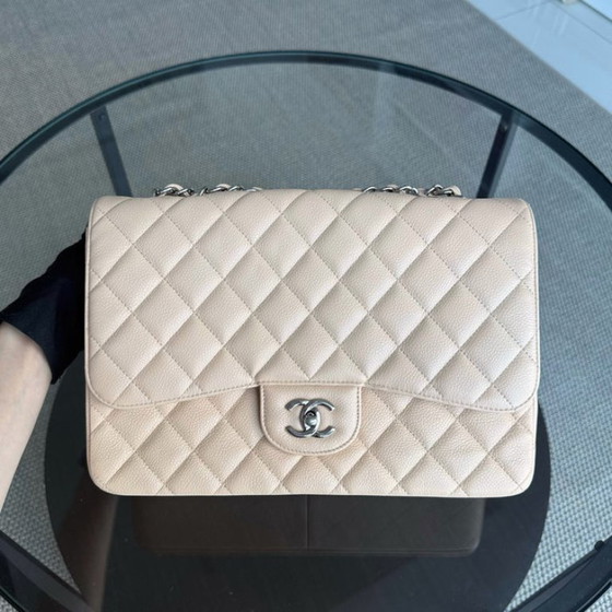 Image 1 of Chanel Classic Flap Jumbo - Caviar 30CM Single Flap Quilted Beige Silver Hardware Series 13