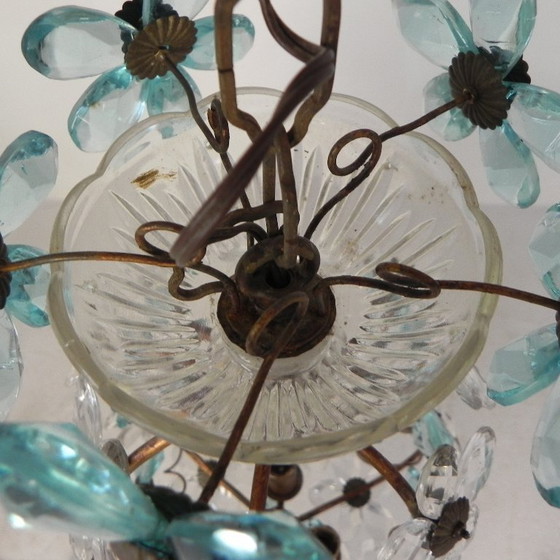 Image 1 of Hanglamp versierd met 42 bloemen in blauw en helder kristal, Maison Bagues stijl, jaren 30