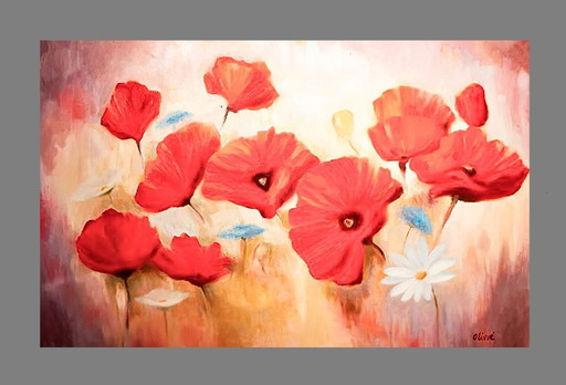 Cuadro al óleo de amapolas y margaritas firmado. Amapolas y margaritas al óleo. Pintura amapolas margaritas. Óleo con amapolas.