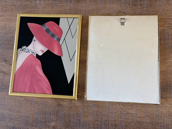 Pair of Hollywood Regency 'Glam Girl' mirror prints by Ferraro (80s), Glass art, Glass, Multi Color (photo 10 of 11)