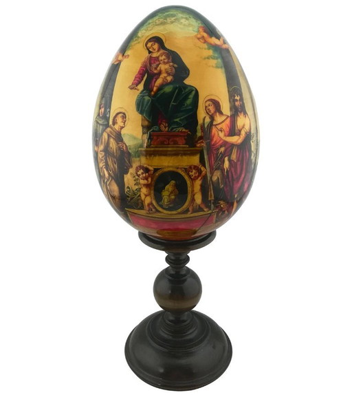 Giant Hand Painted Easter Egg Solid Wood Sergiev Posad, Correggio, Reproduction oil painting, Madonna with St Francis