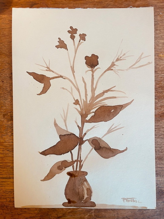 Image 1 of Painting, monochrome sepia still life "dried flowers", signed