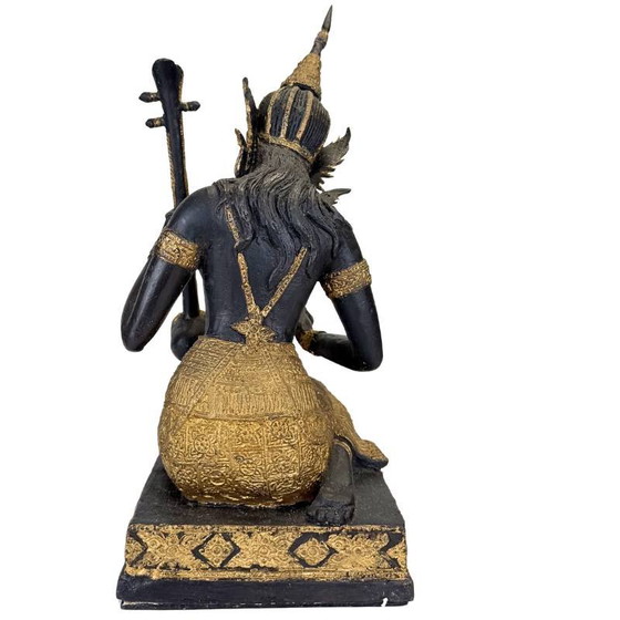 Thaise Muzikant Beeld Brons – Goud Zwart Patina Tempelfiguur – Beeldhouwkunst, Bronze, Aziatisch (photo 5 of 14)