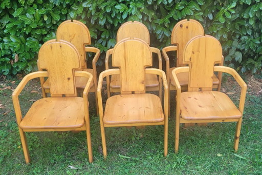 Set of 6 Vintage Solid Pine Armchairs – Rainer Daumiller Style (1970s) – eetkamerstoelen, Wood (photo 2 of 5)