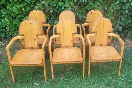 Set of 6 Vintage Solid Pine Armchairs – Rainer Daumiller Style (1970s) – Dining chairs, Wood (photo 2 of 5)