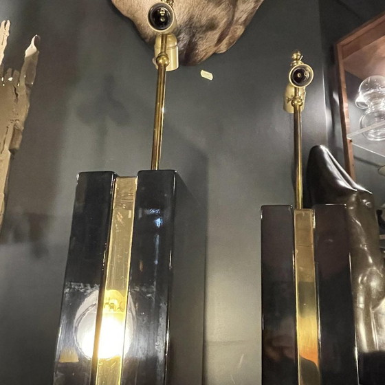 Hollywood Regency Lampen aus schwarzem Lack und Messing, 1970er Jahre, 2er Set – Tischlampen, Metal, Brass (photo 9 of 13)