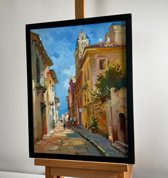 Image 1 of Pintura al óleo original Paisaje urbano diurno Antiguo callejón de la ciudad
