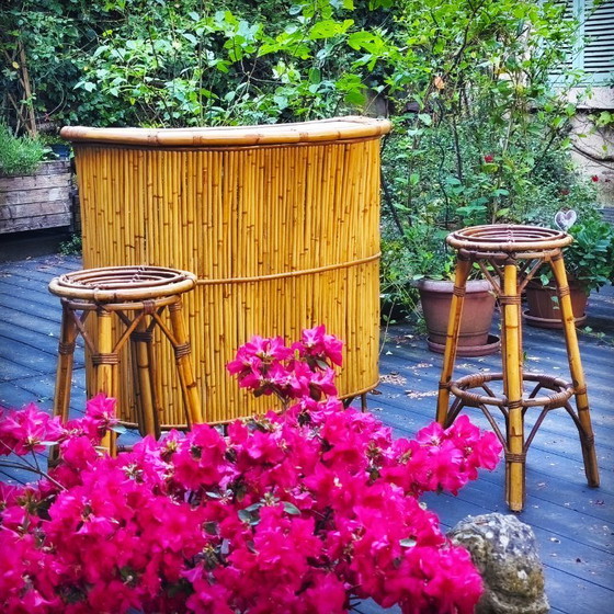 Image 1 of Tiki bar et ses tabourets vintage en rotin et bambou, France, 1950s
