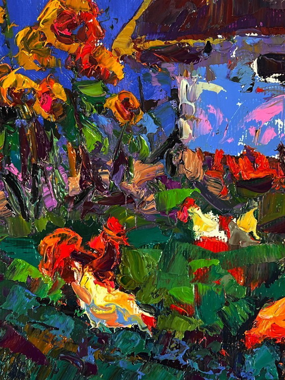 Image 1 of Origineel olieverfschilderij: Landelijk landschap, dorp, zonsondergang. De dag loopt ten einde.