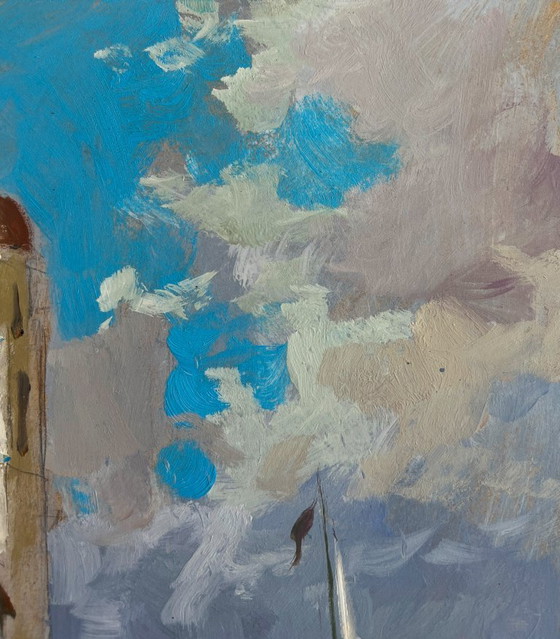 Image 1 of Original Oil Painting Summer City Landscape City on the water and white sails