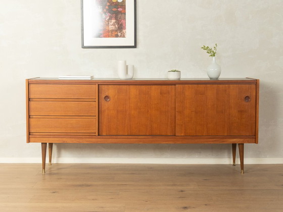 Buffet bas Mid Century Modern avec portes coulissantes et tiroirs, Bois, Marron (photo 2 sur 9)